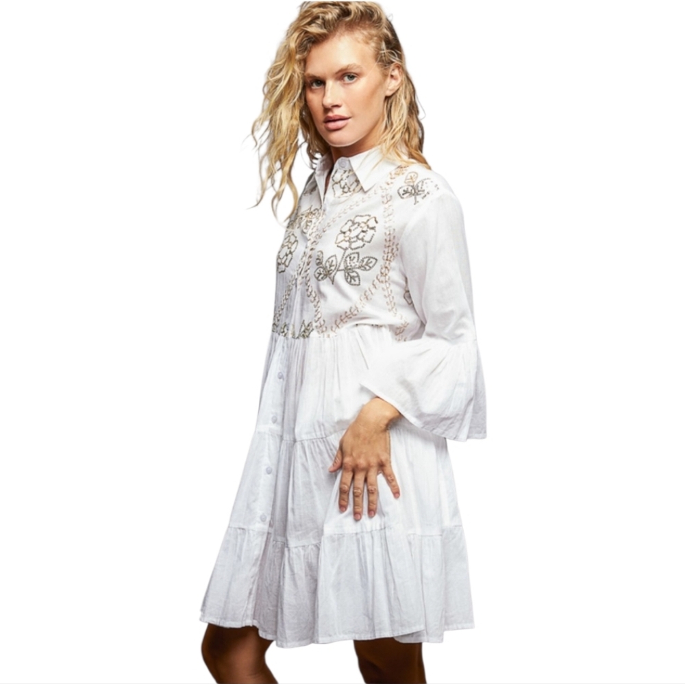 NS26. POL BOHEMIAN EMBROIDERED WITH SEQUINS COTTON NEUTRAL DRESS - Picture 2 of 4